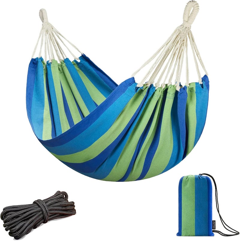 JoyView Brazilian Hammock for Single Person Portable Hammock with Hanging Ropes & Carry Bag Large 78.8x39.4” for Patio 300LBS Capacity Perfect for Outdoor/Indoor - Blue Stripes - Image 1